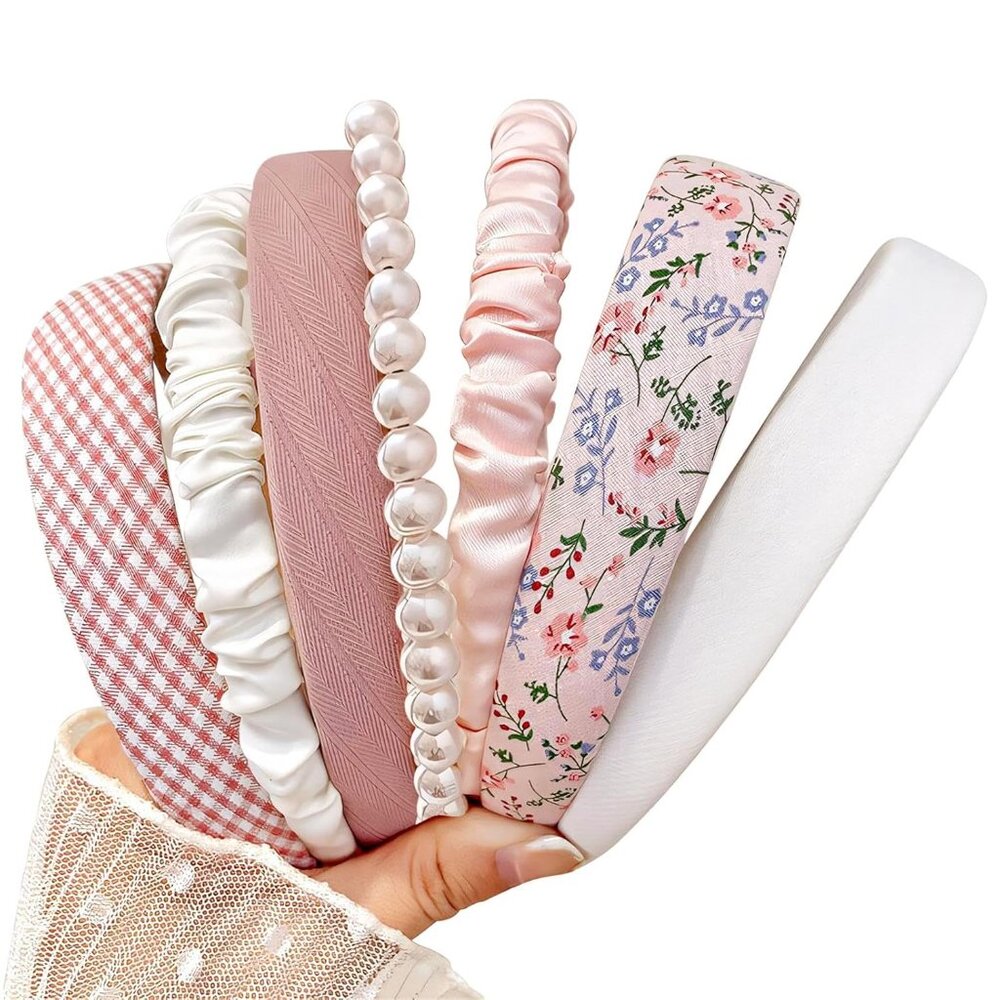 Headbands For Women Girls, 7pc Set - Non Slip Floral Padded Headbands Cute Pearl